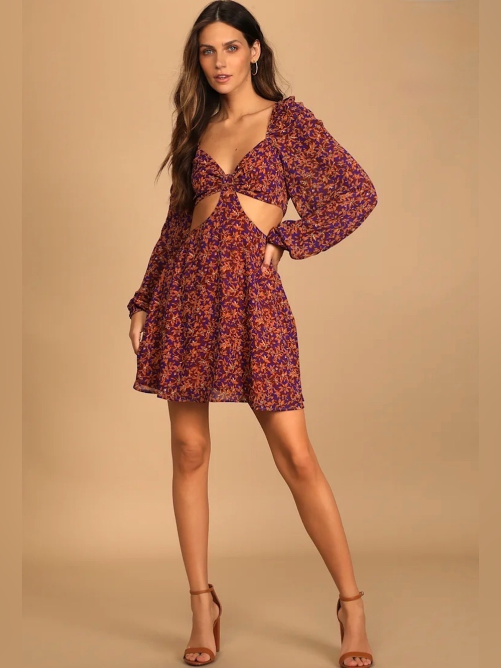 Lulus Fall Purple Floral Print Cutout Long Sleeve Mini Dress Size XL